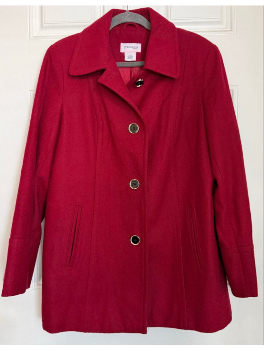 St Johns Bay Red Wool Blend Car Coat L Classic Button Front Winter - Picture 2 of 11